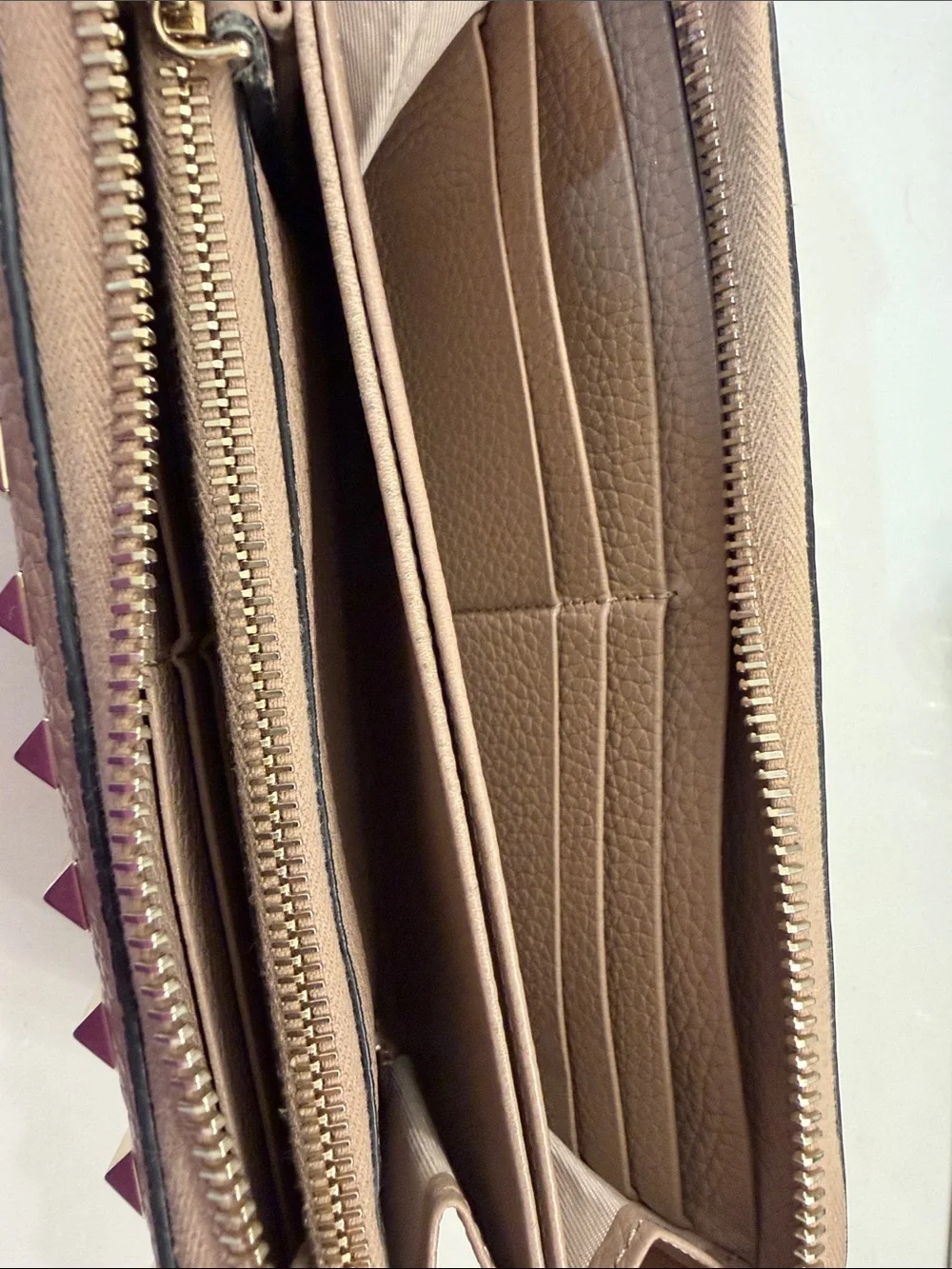Valentino Garavani Taupe Pebbled Leather Zip Wallet with Gold Studs